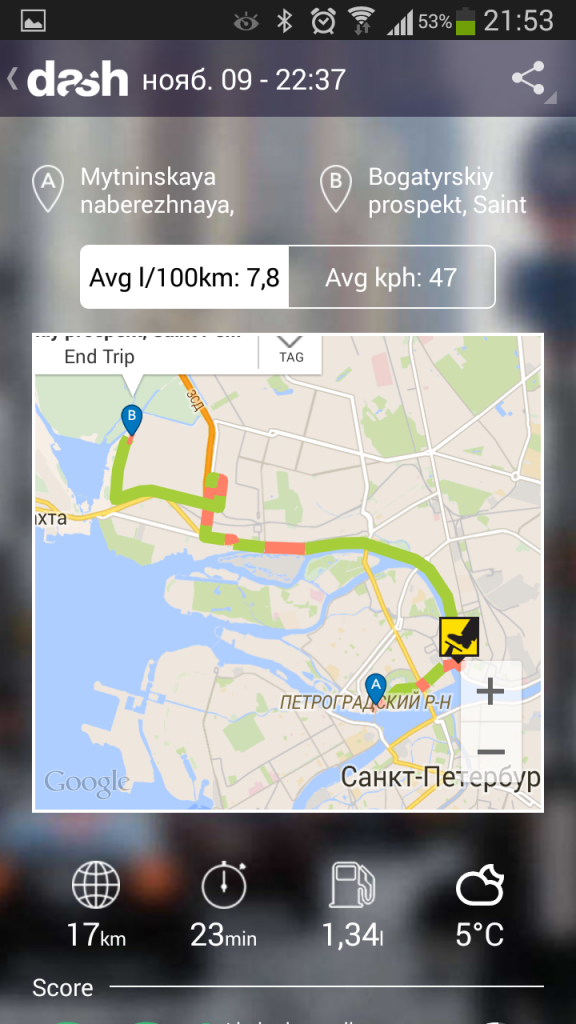 Dash, информация о поездке